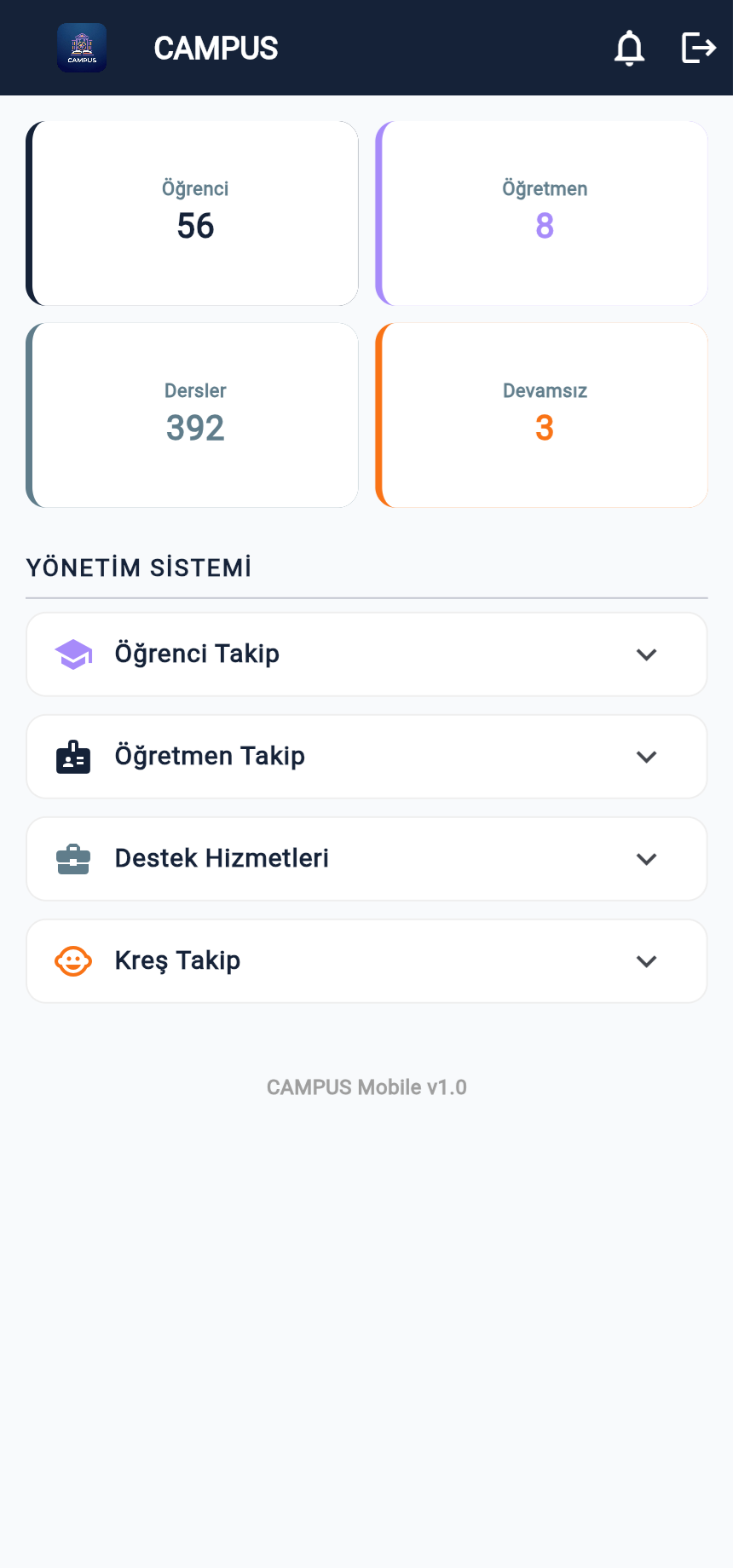 Экран мобильной панели управления Origo Campus